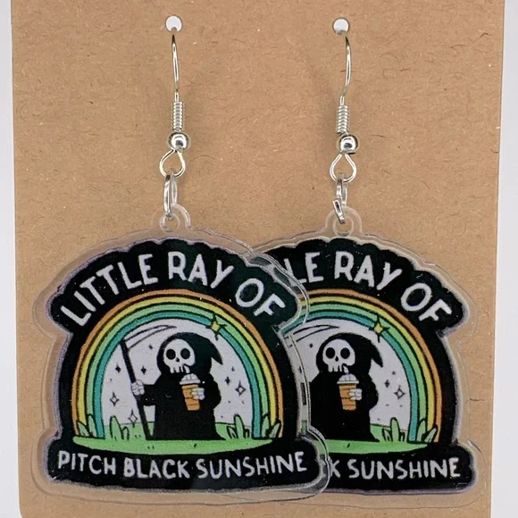 “Little Ray Of Pitch Black Sunshine” Fun 2D Acrylic Dangle Earrings Fashion - Picture 1 of 3